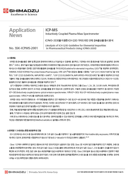 ICPMS-2030을 이용한 ICH Q3D 가이드라인 규제 금속불순물 동시 분석