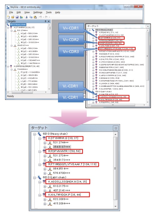 Fig. 1 Creating Analysis Methods Using Skyline (Selecting Trypsin Digestion Fragments Containing CDRs)